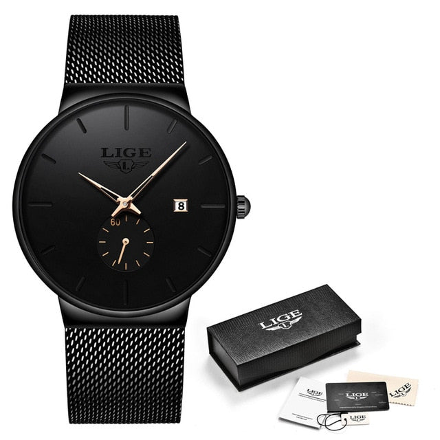 Fashion Mens Business Black Watches Luxury Stainless Steel Ultra Thin Mesh Belt Quartz Men Wrist